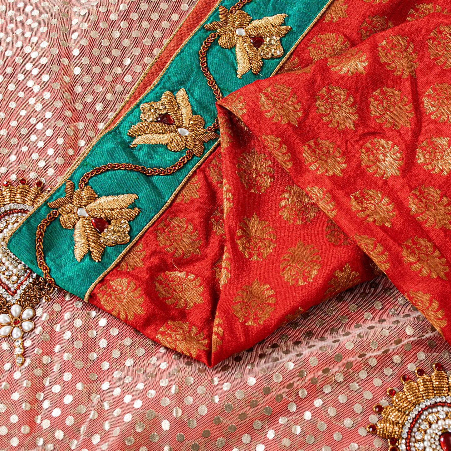 Sanskriti Vintage Red Pure Silk Net Saree Bead Woven 6+YD SariFabric & Blouse Pc