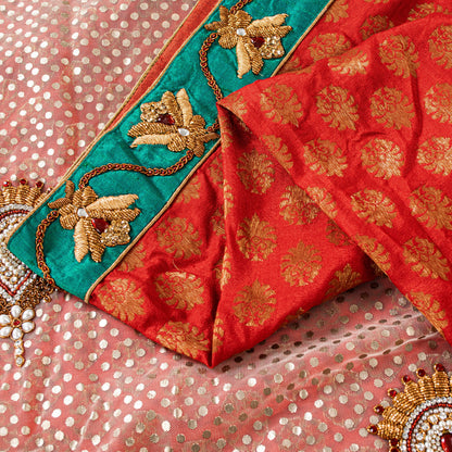 Sanskriti Vintage Red Pure Silk Net Saree Bead Woven 6+YD SariFabric & Blouse Pc