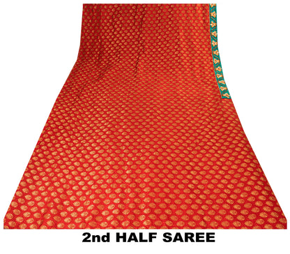 Sanskriti Vintage Red Pure Silk Net Saree Bead Woven 6+YD SariFabric & Blouse Pc