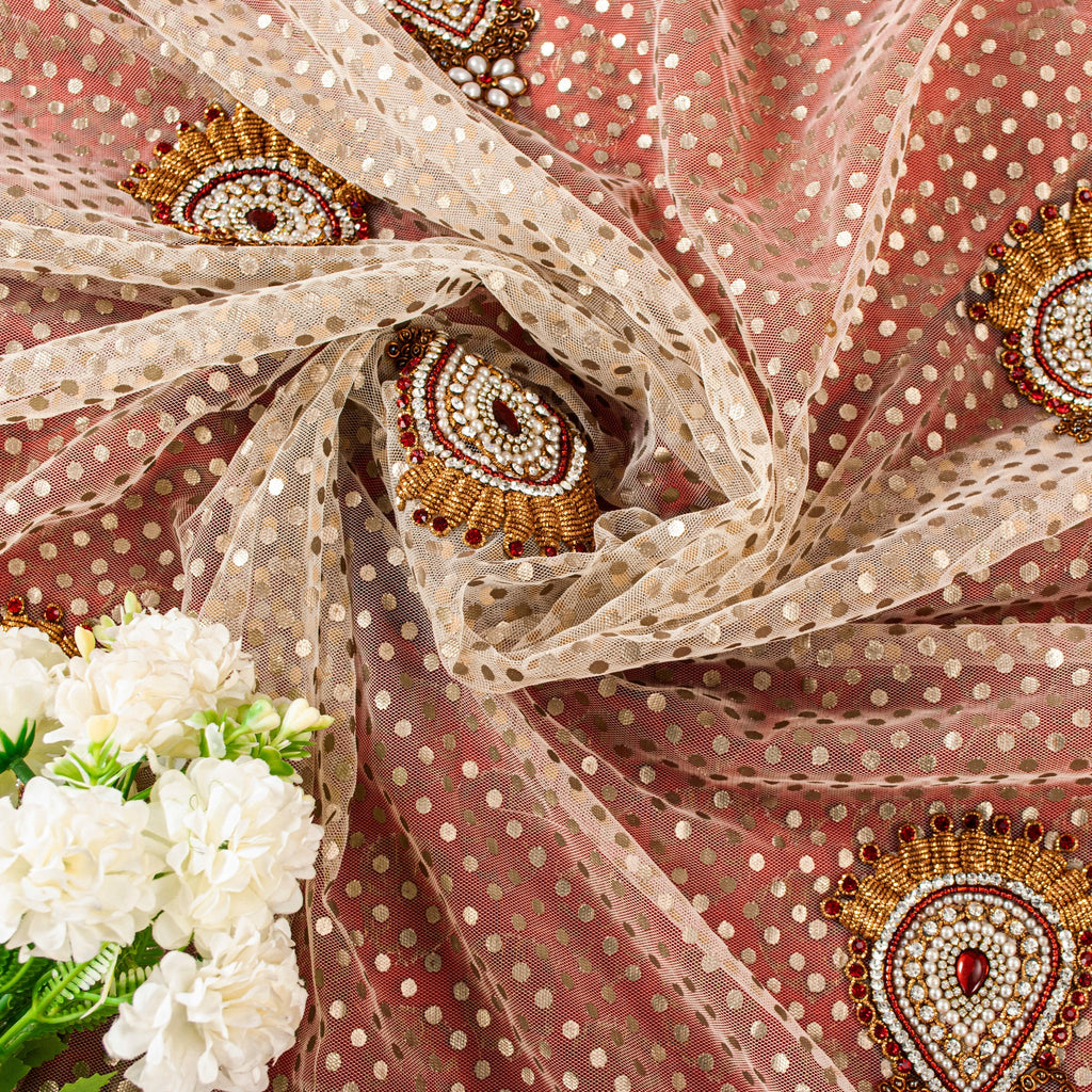 Sanskriti Vintage Red Pure Silk Net Saree Bead Woven 6+YD SariFabric & Blouse Pc