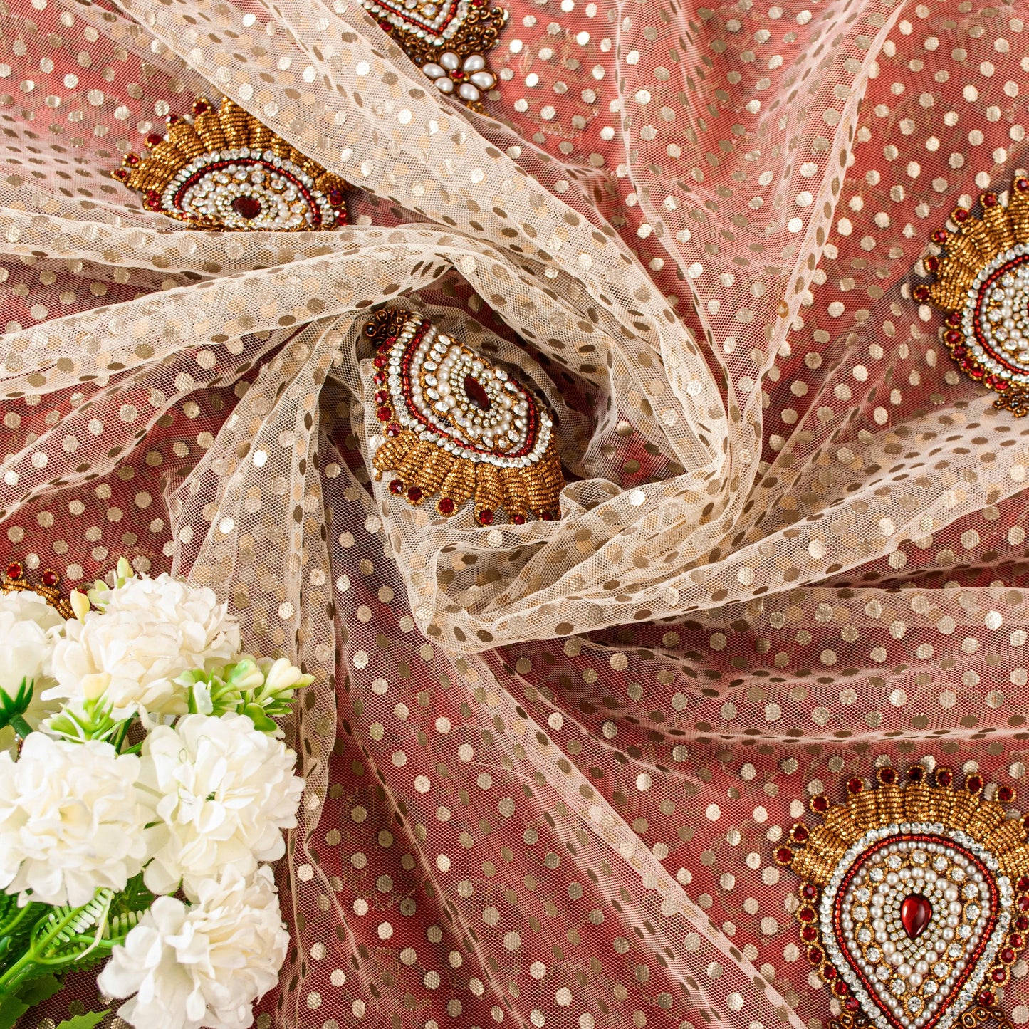 Sanskriti Vintage Red Pure Silk Net Saree Bead Woven 6+YD SariFabric & Blouse Pc