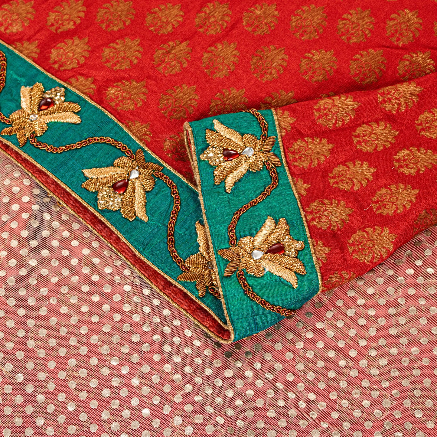 Sanskriti Vintage Red Pure Silk Net Saree Bead Woven 6+YD SariFabric & Blouse Pc