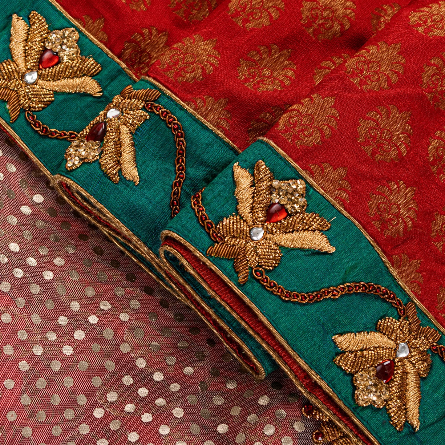 Sanskriti Vintage Red Pure Silk Net Saree Bead Woven 6+YD SariFabric & Blouse Pc