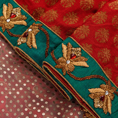 Sanskriti Vintage Red Pure Silk Net Saree Bead Woven 6+YD SariFabric & Blouse Pc
