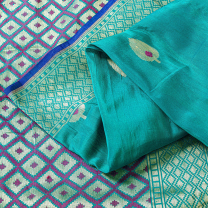 Sanskriti Vintage Blue Pure Silk Saree Brocade Woven 6+YD Sari Fabric &Blouse Pc