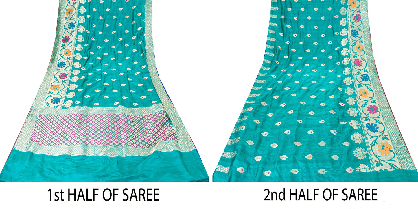 Sanskriti Vintage Blue Pure Silk Saree Brocade Woven 6+YD Sari Fabric &Blouse Pc