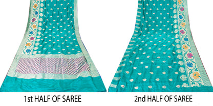Sanskriti Vintage Blue Pure Silk Saree Brocade Woven 6+YD Sari Fabric &Blouse Pc