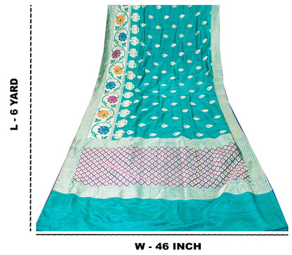Sanskriti Vintage Blue Pure Silk Saree Brocade Woven 6+YD Sari Fabric &Blouse Pc
