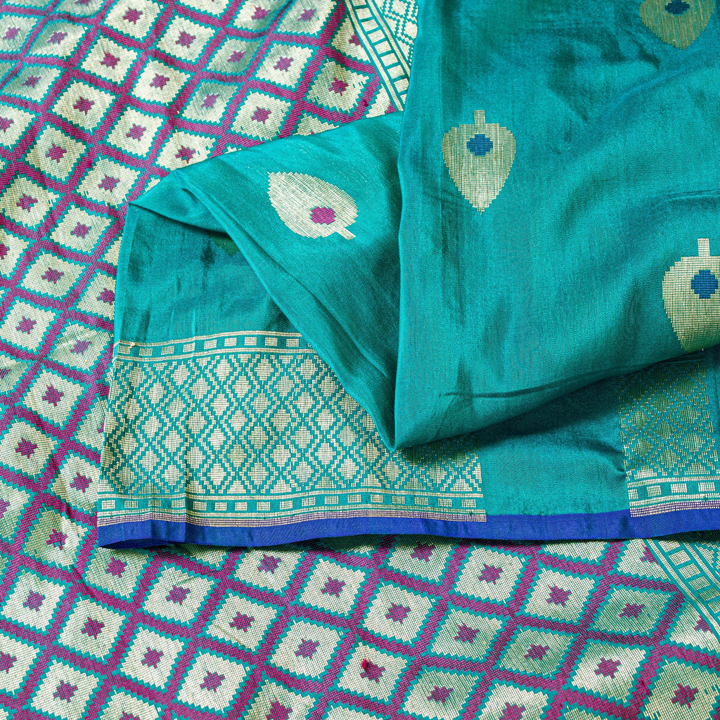 Sanskriti Vintage Blue Pure Silk Saree Brocade Woven 6+YD Sari Fabric &Blouse Pc
