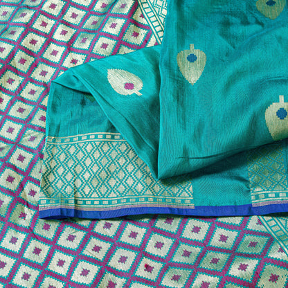 Sanskriti Vintage Blue Pure Silk Saree Brocade Woven 6+YD Sari Fabric &Blouse Pc