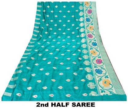 Sanskriti Vintage Blue Pure Silk Saree Brocade Woven 6+YD Sari Fabric &Blouse Pc
