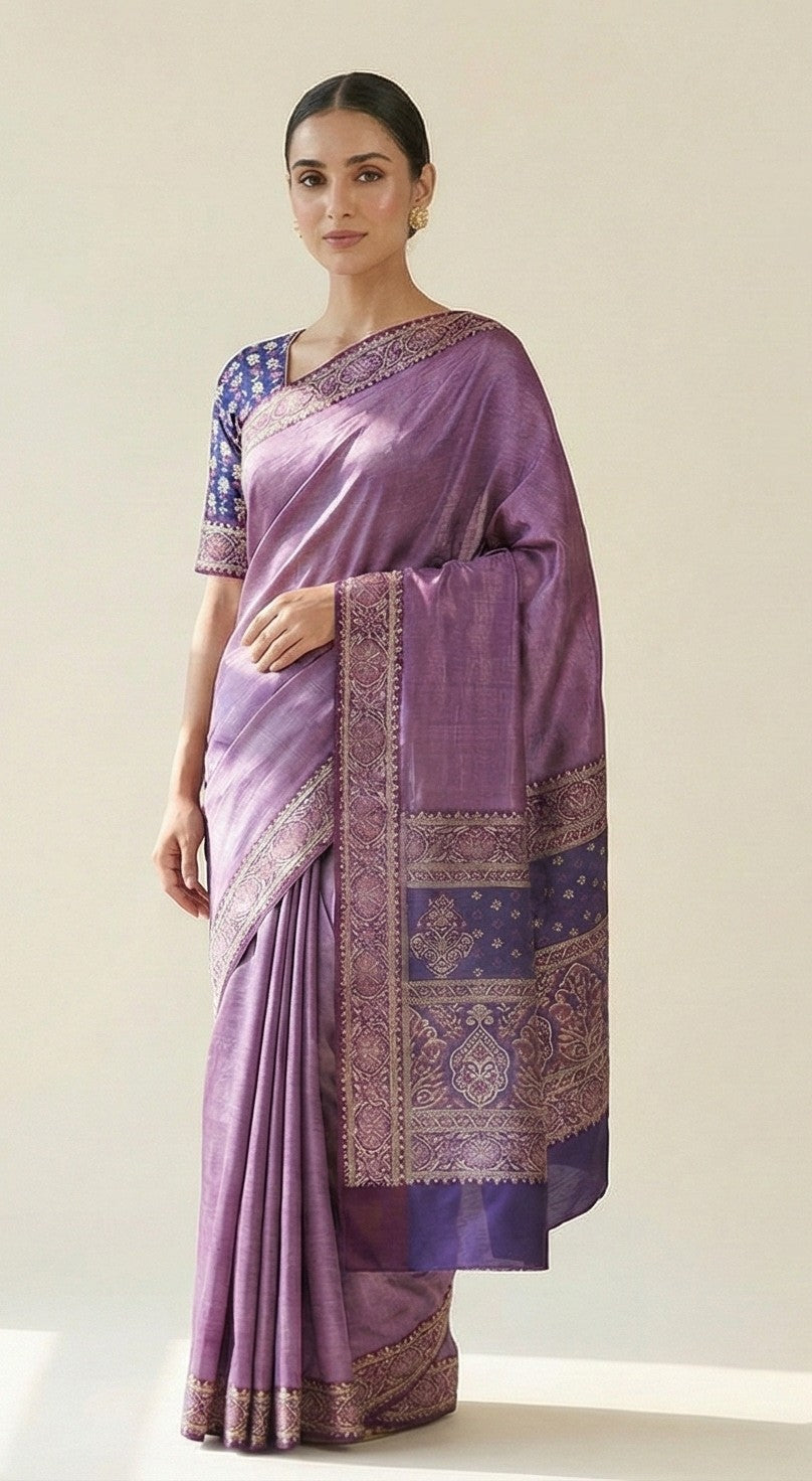 Sanskriti Vintage Purple Saree With Blouse Pc 100% Pure Silk Saree Brocade Woven 5.5+Yd Craft Fabric Create-Floral Dresses, Kaftan, Skirts
