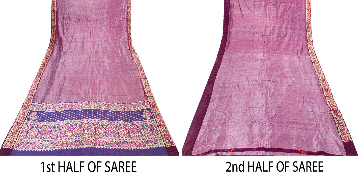 Sanskriti Vintage Purple Saree With Blouse Pc 100% Pure Silk Saree Brocade Woven 5.5+Yd Craft Fabric Create-Floral Dresses, Kaftan, Skirts