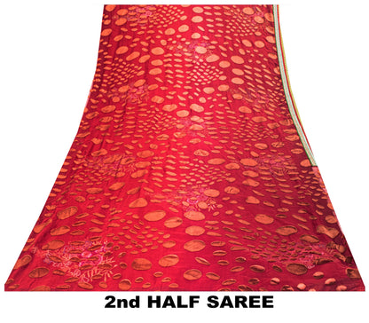 Sanskriti Vintage Red Saree With Blouse Piece 100% Pure Georgette Silk Saree 6+Yd Craft Fabric Hand Beaded Zardozi Dabka Rhinestone