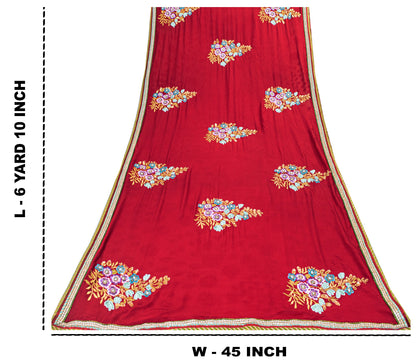 Sanskriti Vintage Red Saree With Blouse Piece 100% Pure Georgette Silk Saree 6+Yd Craft Fabric Hand Beaded Zardozi Dabka Rhinestone