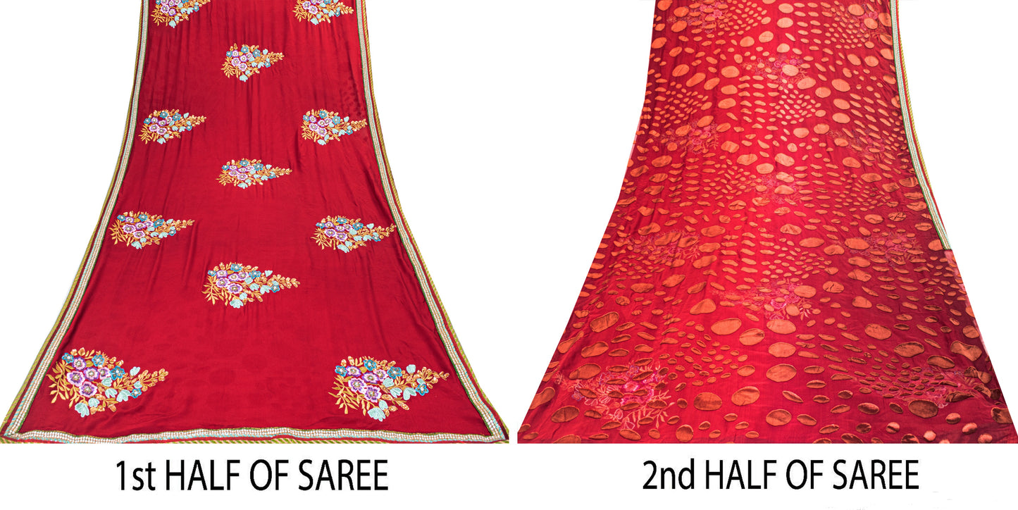 Sanskriti Vintage Red Saree With Blouse Piece 100% Pure Georgette Silk Saree 6+Yd Craft Fabric Hand Beaded Zardozi Dabka Rhinestone
