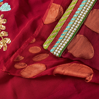 Sanskriti Vintage Red Saree With Blouse Piece 100% Pure Georgette Silk Saree 6+Yd Craft Fabric Hand Beaded Zardozi Dabka Rhinestone