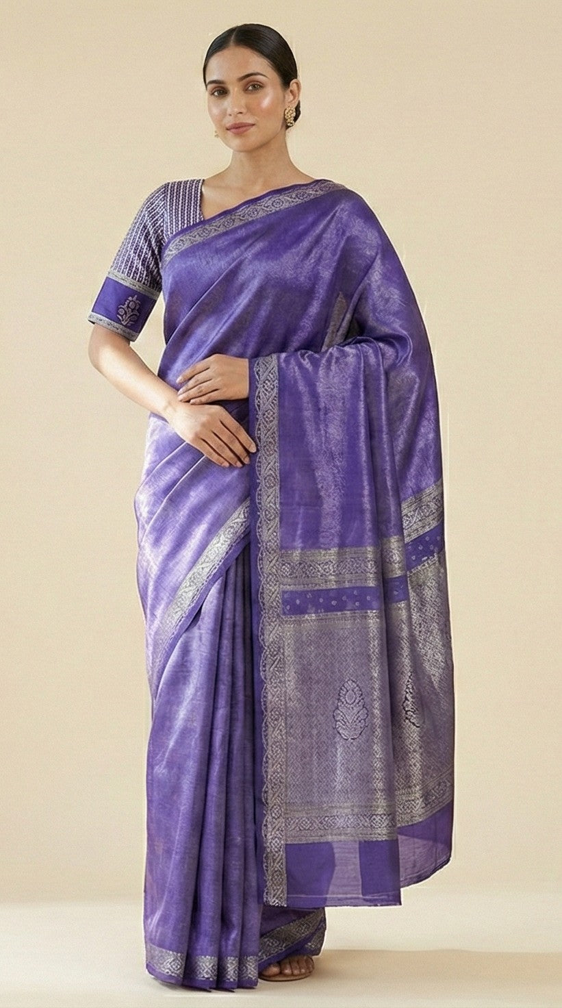 Sanskriti Vintage Purple Pure Silk Saree Brocade Woven 5.5+YD Fabric Blouse Pc