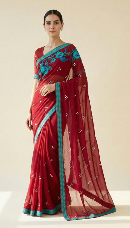 Sanskriti Vintage Red Pure Georgette Saree Hand Bead 5.5YD Fabric With Blouse Pc