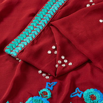 Sanskriti Vintage Red Pure Georgette Saree Hand Bead 5.5YD Fabric With Blouse Pc