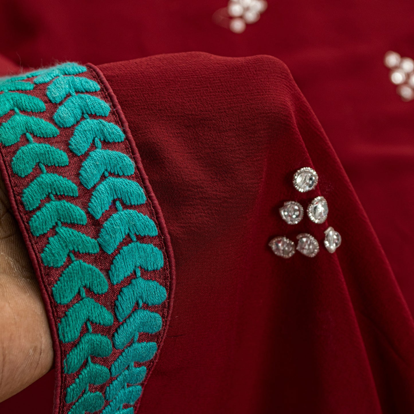 Sanskriti Vintage Red Pure Georgette Saree Hand Bead 5.5YD Fabric With Blouse Pc
