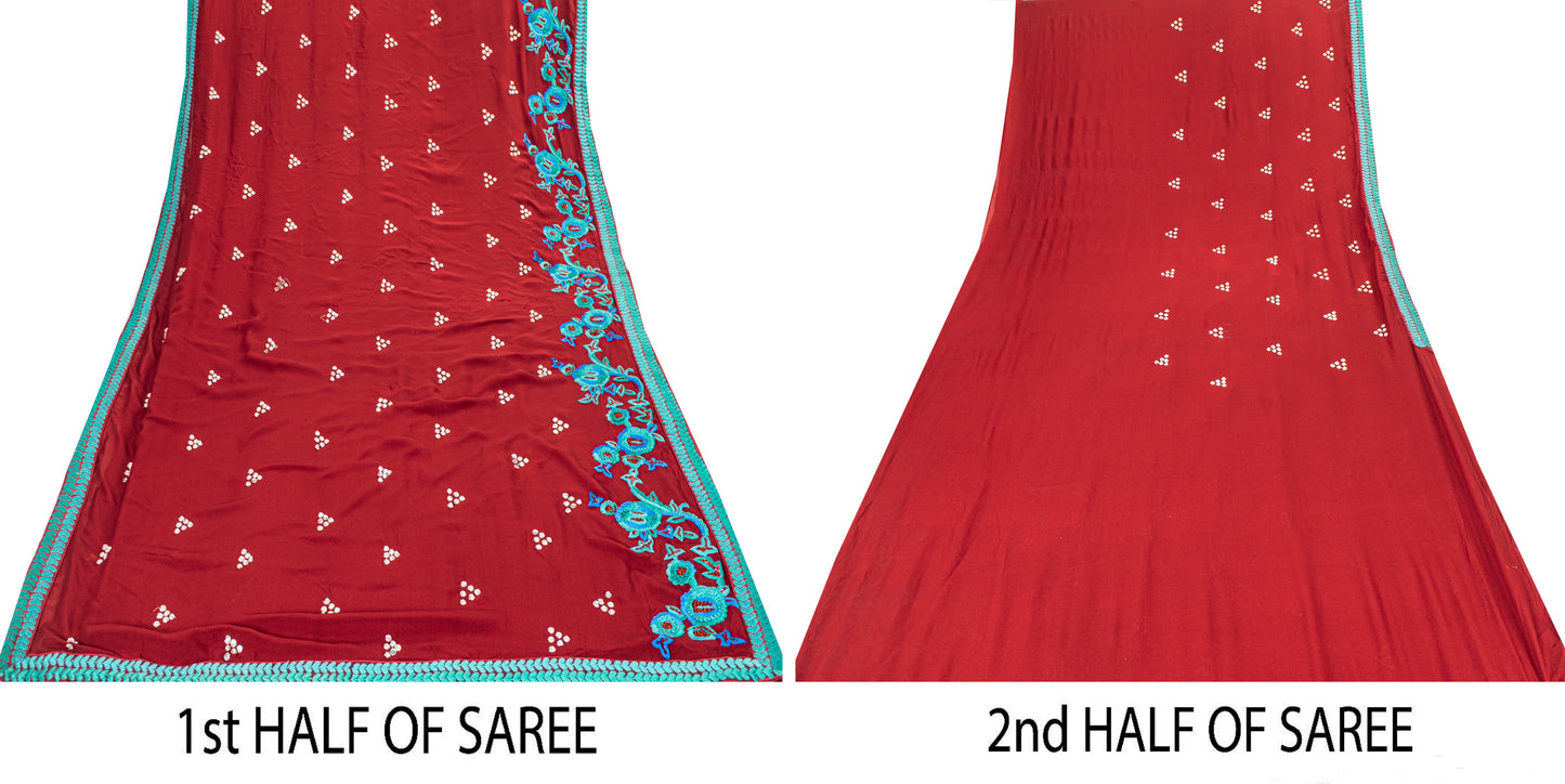 Sanskriti Vintage Red Pure Georgette Saree Hand Bead 5.5YD Fabric With Blouse Pc