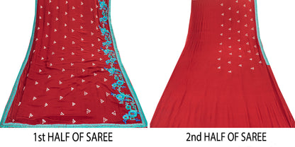 Sanskriti Vintage Red Pure Georgette Saree Hand Bead 5.5YD Fabric With Blouse Pc