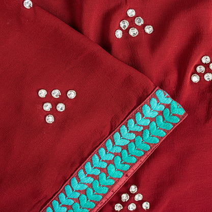 Sanskriti Vintage Red Pure Georgette Saree Hand Bead 5.5YD Fabric With Blouse Pc