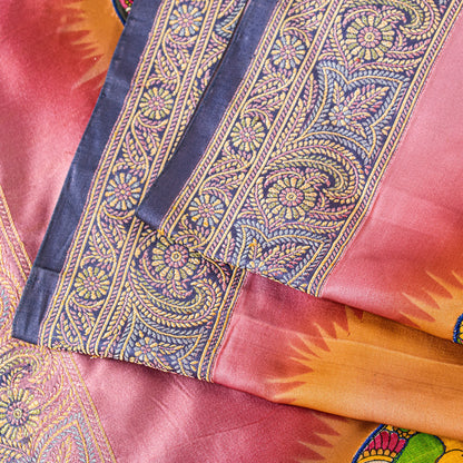 Sanskriti Vintage Pink Pure Silk Saree Handwoven Print Patch 5+YD Craft BlousePc