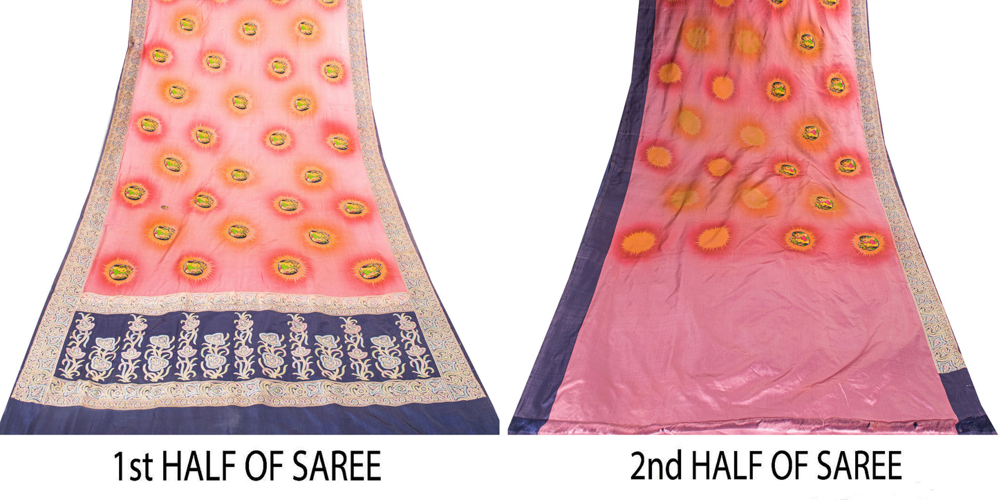 Sanskriti Vintage Pink Pure Silk Saree Handwoven Print Patch 5+YD Craft BlousePc