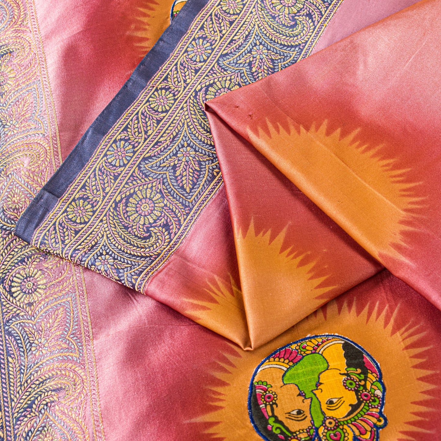 Sanskriti Vintage Pink Pure Silk Saree Handwoven Print Patch 5+YD Craft BlousePc