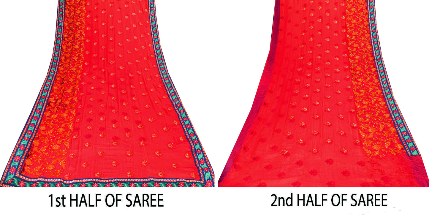Sanskriti Vintage Pink Pure Georgette Saree Embroidered 5.5+YD Fabric Blouse Pc