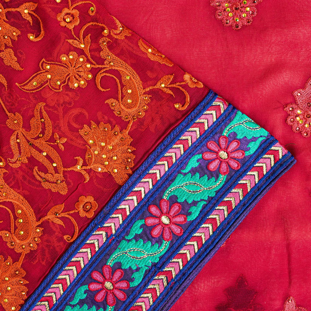 Sanskriti Vintage Pink Pure Georgette Saree Embroidered 5.5+YD Fabric Blouse Pc