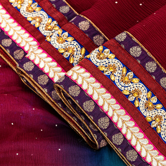 Sanskriti Vintage Red-Blue Pure Chiffon Beads Saree 5.5+YD Fabric Sari&Blouse Pc