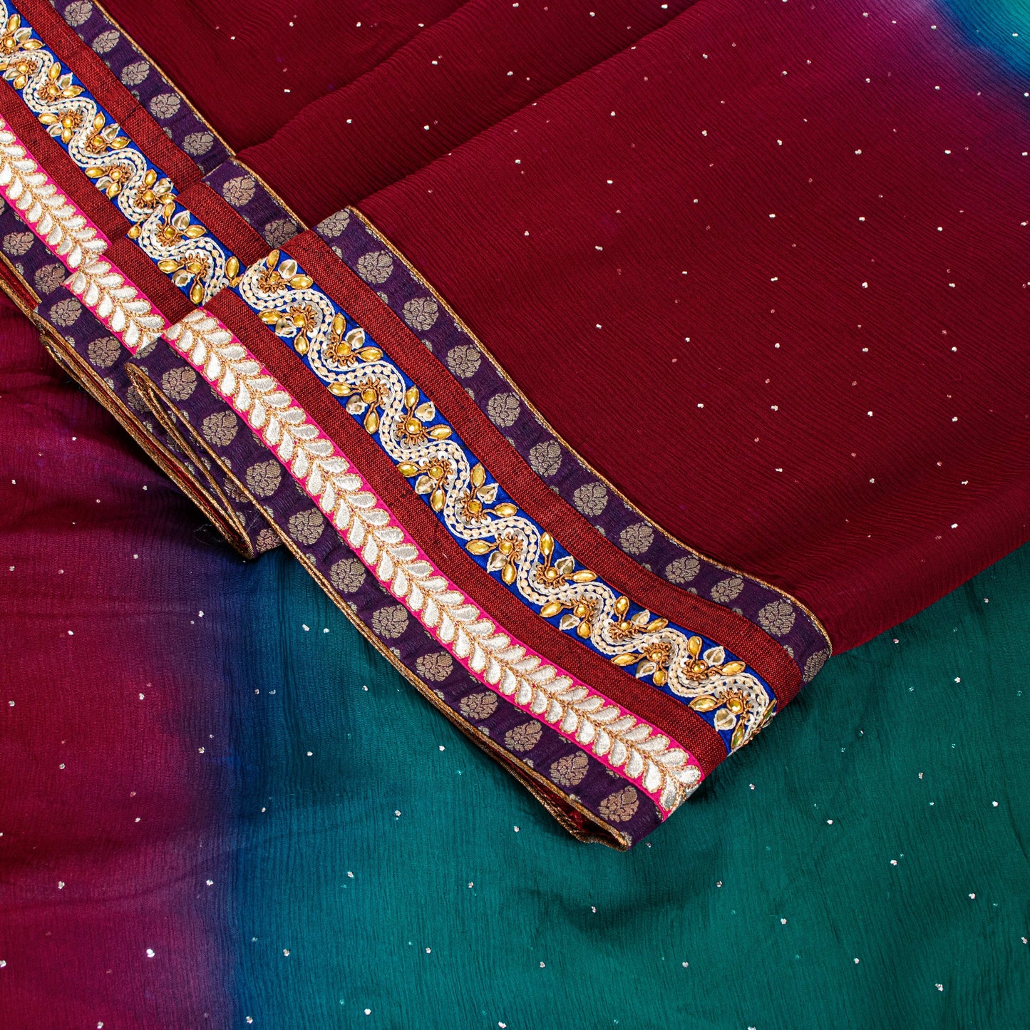 Sanskriti Vintage Red-Blue Pure Chiffon Beads Saree 5.5+YD Fabric Sari&Blouse Pc