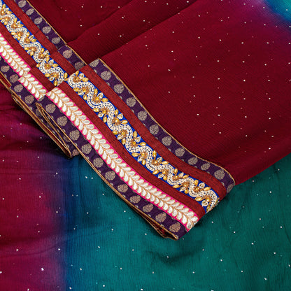 Sanskriti Vintage Red-Blue Pure Chiffon Beads Saree 5.5+YD Fabric Sari&Blouse Pc