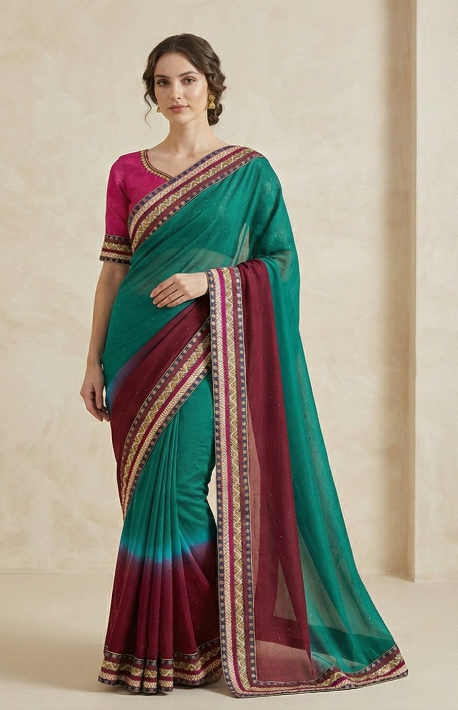 Sanskriti Vintage Red-Blue Pure Chiffon Beads Saree 5.5+YD Fabric Sari&Blouse Pc