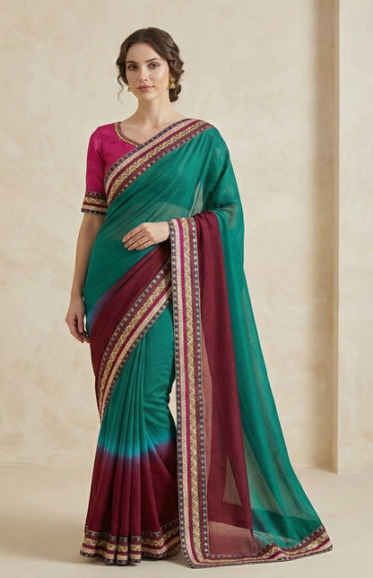 Sanskriti Vintage Red-Blue Pure Chiffon Beads Saree 5.5+YD Fabric Sari&Blouse Pc