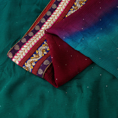 Sanskriti Vintage Red-Blue Pure Chiffon Beads Saree 5.5+YD Fabric Sari&Blouse Pc