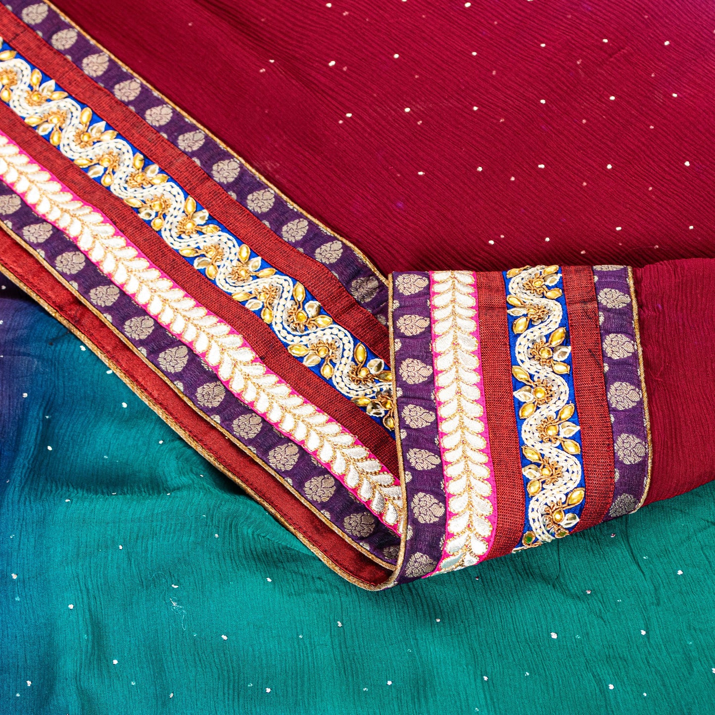Sanskriti Vintage Red-Blue Pure Chiffon Beads Saree 5.5+YD Fabric Sari&Blouse Pc