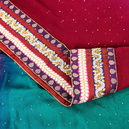 Sanskriti Vintage Red-Blue Pure Chiffon Beads Saree 5.5+YD Fabric Sari&Blouse Pc
