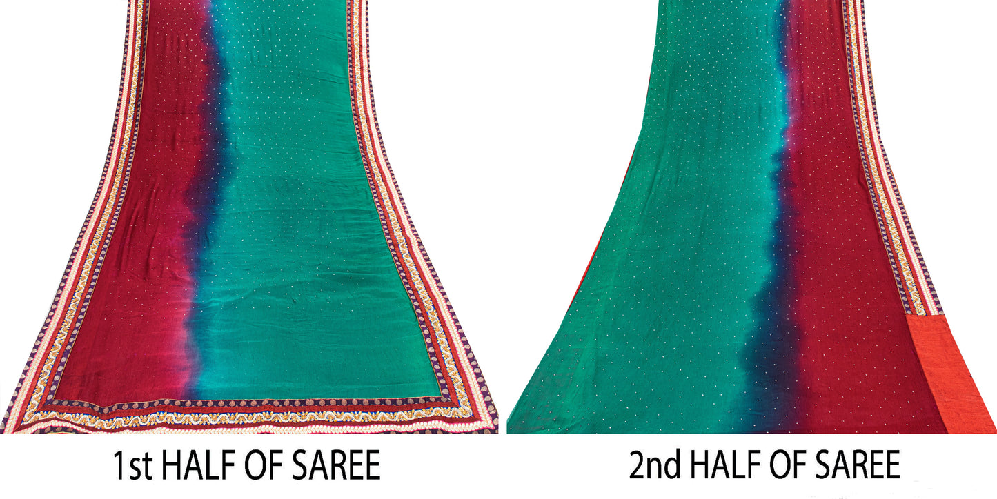 Sanskriti Vintage Red-Blue Pure Chiffon Beads Saree 5.5+YD Fabric Sari&Blouse Pc