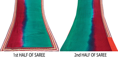 Sanskriti Vintage Red-Blue Pure Chiffon Beads Saree 5.5+YD Fabric Sari&Blouse Pc