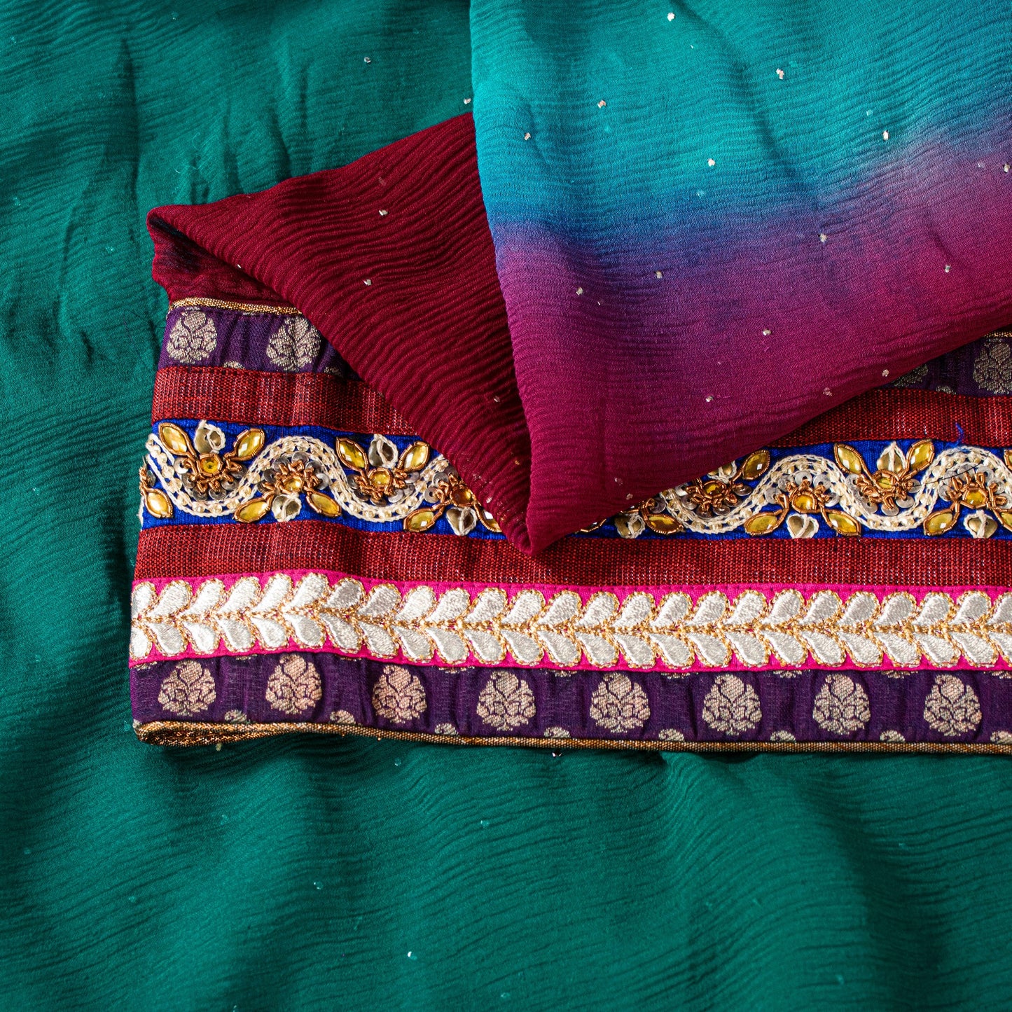 Sanskriti Vintage Red-Blue Pure Chiffon Beads Saree 5.5+YD Fabric Sari&Blouse Pc