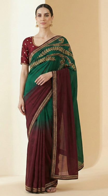 Sanskriti Vintage Red-Green Sarees With Blouse Blouse 100% Pure Georgette Silk Saree Fabric Zari Zardozi Dabka Sequins Embroidered 5.5+Yd