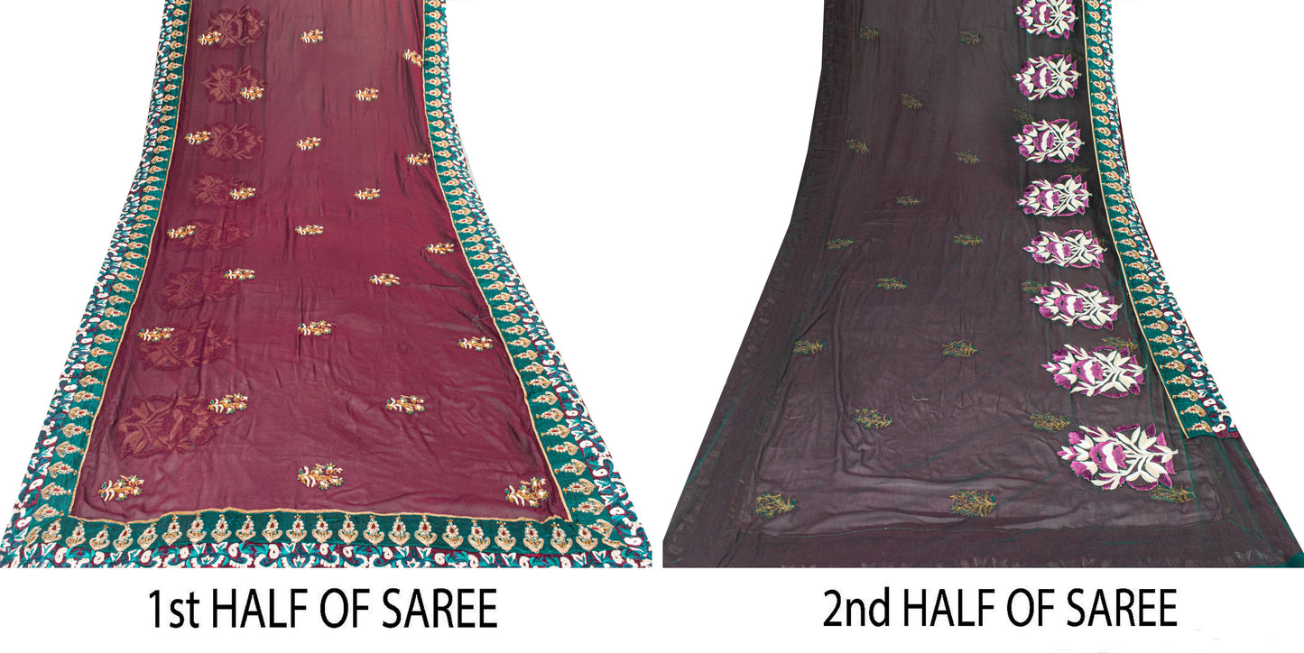Sanskriti Vintage Purple Pure Georgette Saree Handmade 5+YD Fabric & Blouse Pc