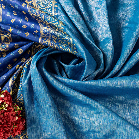 Sanskriti Vintage Blue Pure Silk Saree BrocadeWoven 5.5+YD Fabric With Blouse Pc