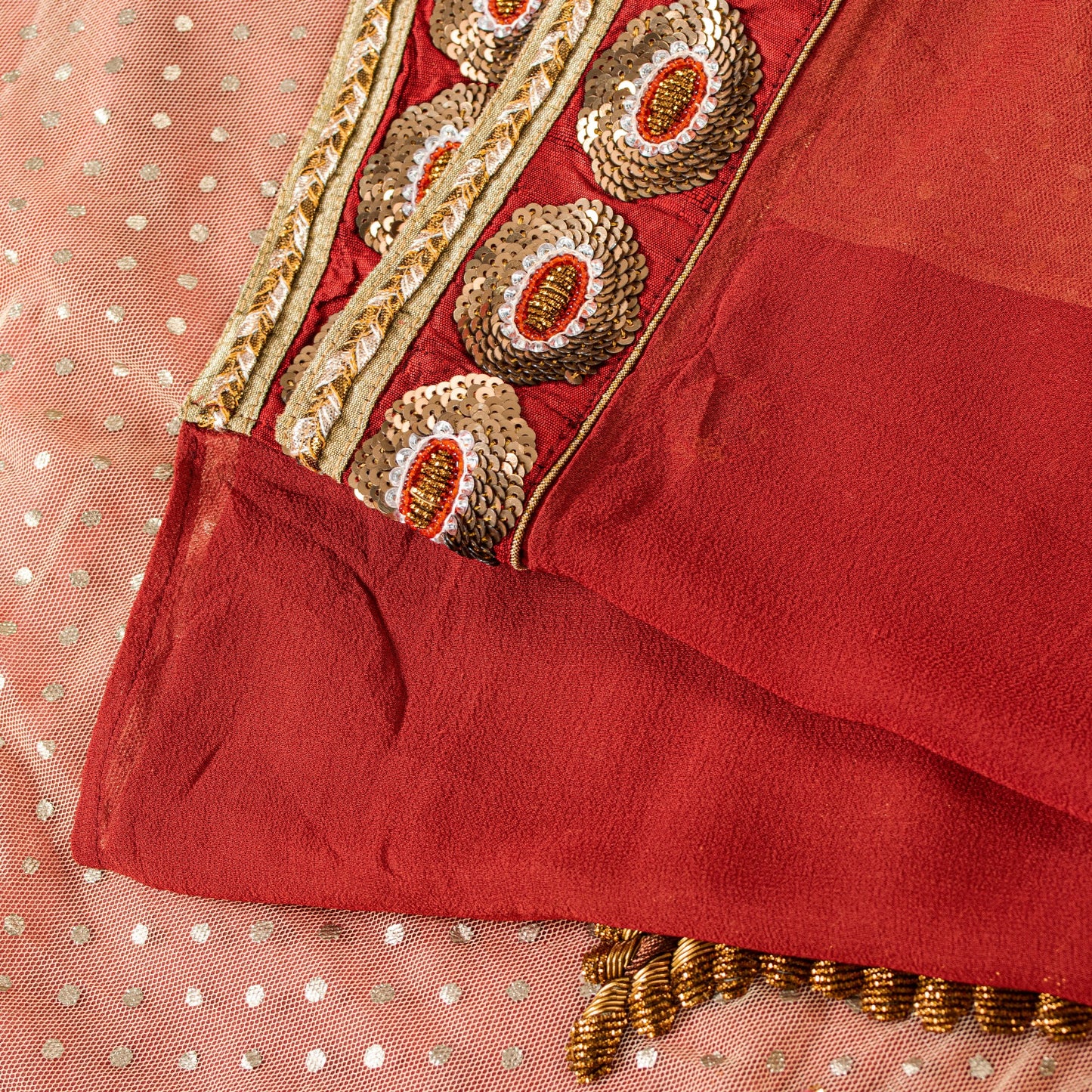 Sanskriti Vintage Red-Pink Pure Georgette Net 5YD Saree Hand Bead Sari Blouse Pc