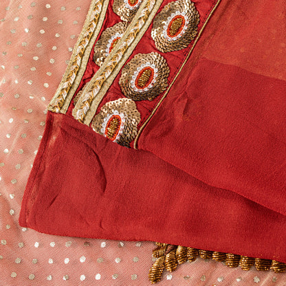 Sanskriti Vintage Red-Pink Pure Georgette Net 5YD Saree Hand Bead Sari Blouse Pc
