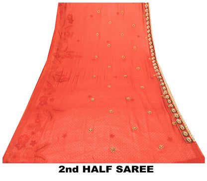 Sanskriti Vintage Red-Pink Pure Georgette Net 5YD Saree Hand Bead Sari Blouse Pc